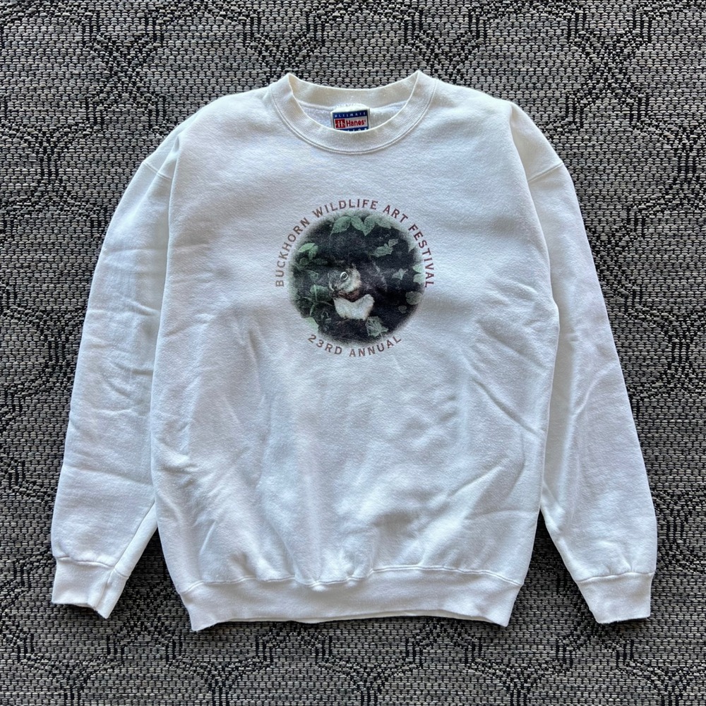 Vintage Nature Sweatshirt Mens Medium White Red Squirrel Wildlife Art Festival